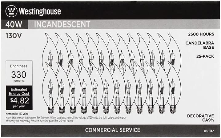 WESTINGHOUSE 0510700 40W CA9 1/2 Flame Tip Incandescent Clear E12 (Candelabra) Base 130 Volt