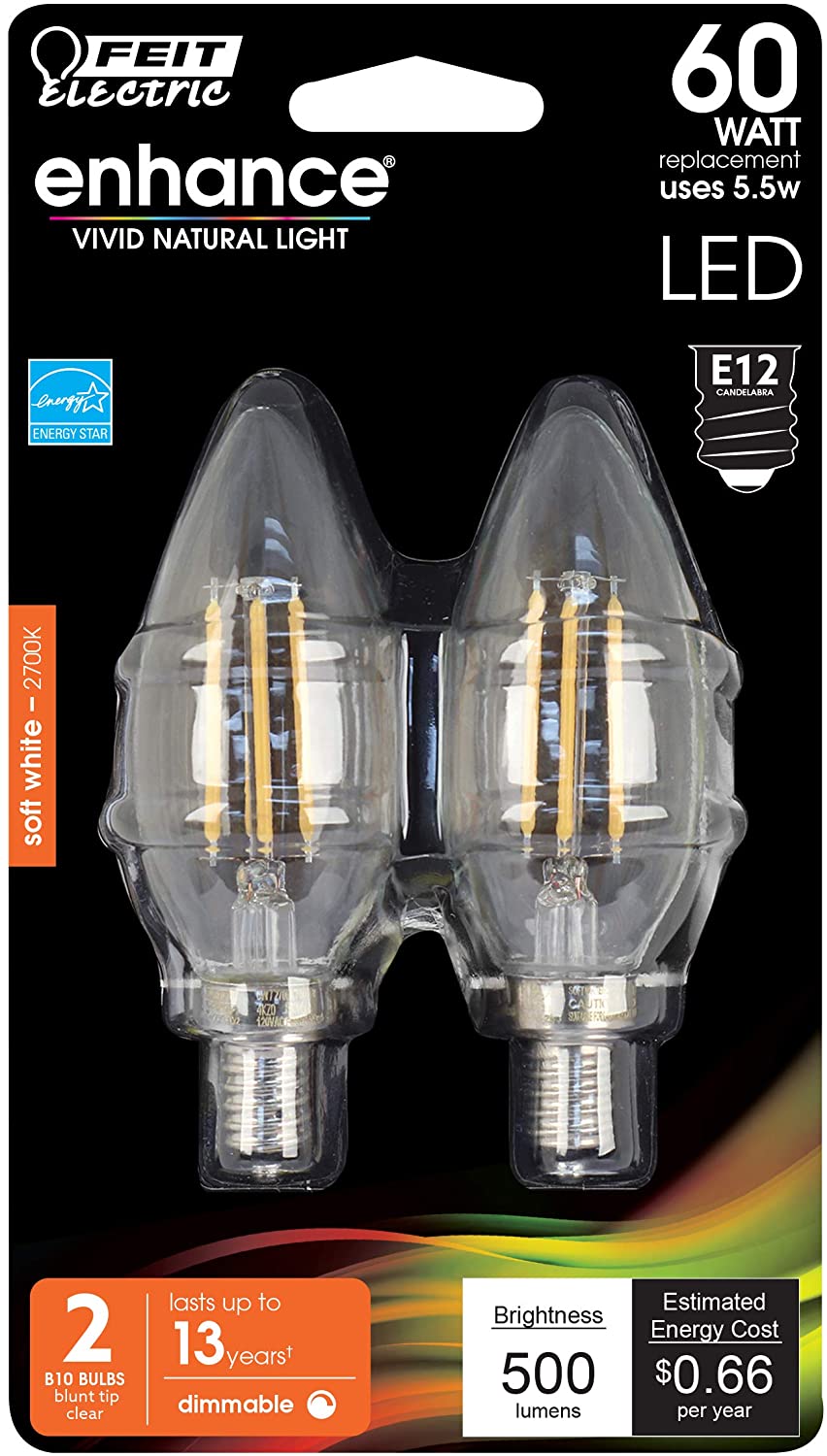 Feit Electric BPCTC60927CAFIL/2/RP 60W Equivalent E12 Chandelier LED light bulbs;