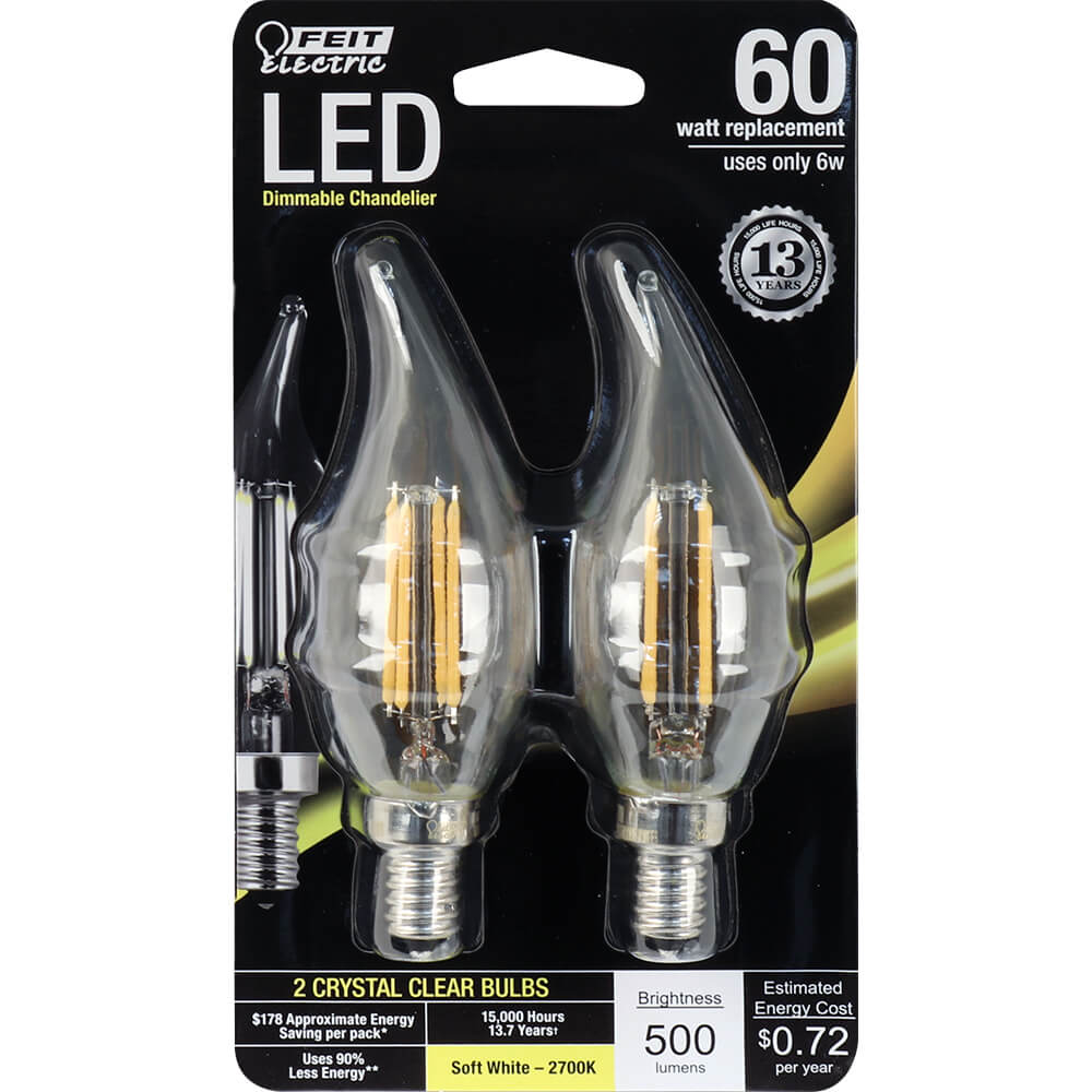 Feit Electric BPCFC60/827/LED/2 Flame Tip Chandelier Bulb (2 Pack), Candelabra Base, Clear Flame Tip, 60 Watt Equivalent Soft White