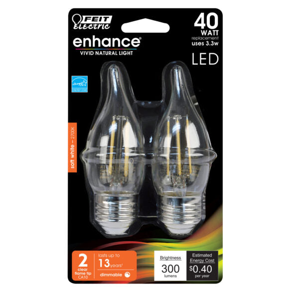 Feit Electric BPEFC40927CAFIL/2/RP 300 Lumen 2700k dimmable flame tip led .