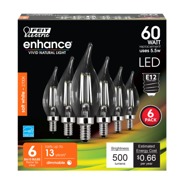 Feit CFC60/927CA/FIL/6 60W Equivalent 5.5W 500 Lumens 2700K Filament Flame Tip Candelabra Base Dimmable LED Light Bulb 6 Pack