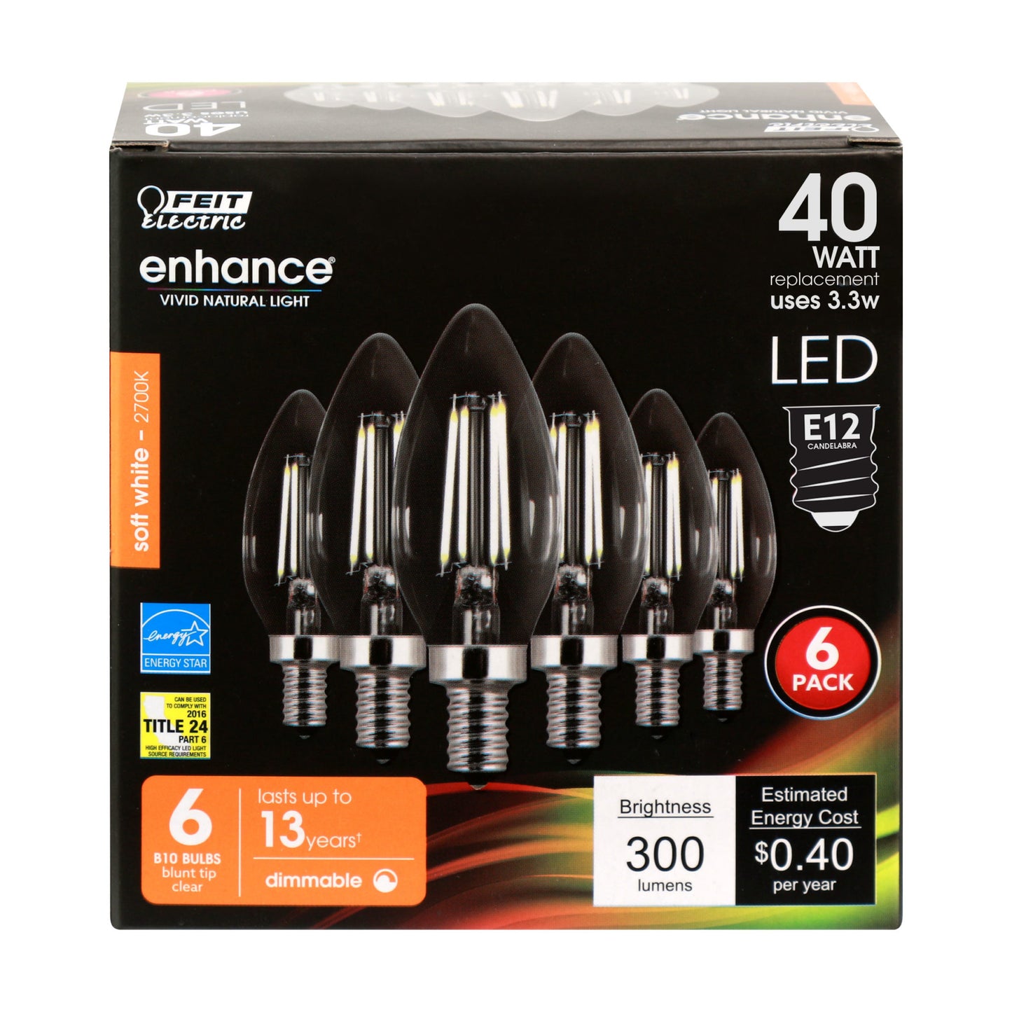 Feit CTC40/927CA/FIL/6 40W Equivalent 3.3W 300 Lumens 2700K Filament Blunt Tip Candelabra Base Dimmable LED Light Bulb 6 Pack