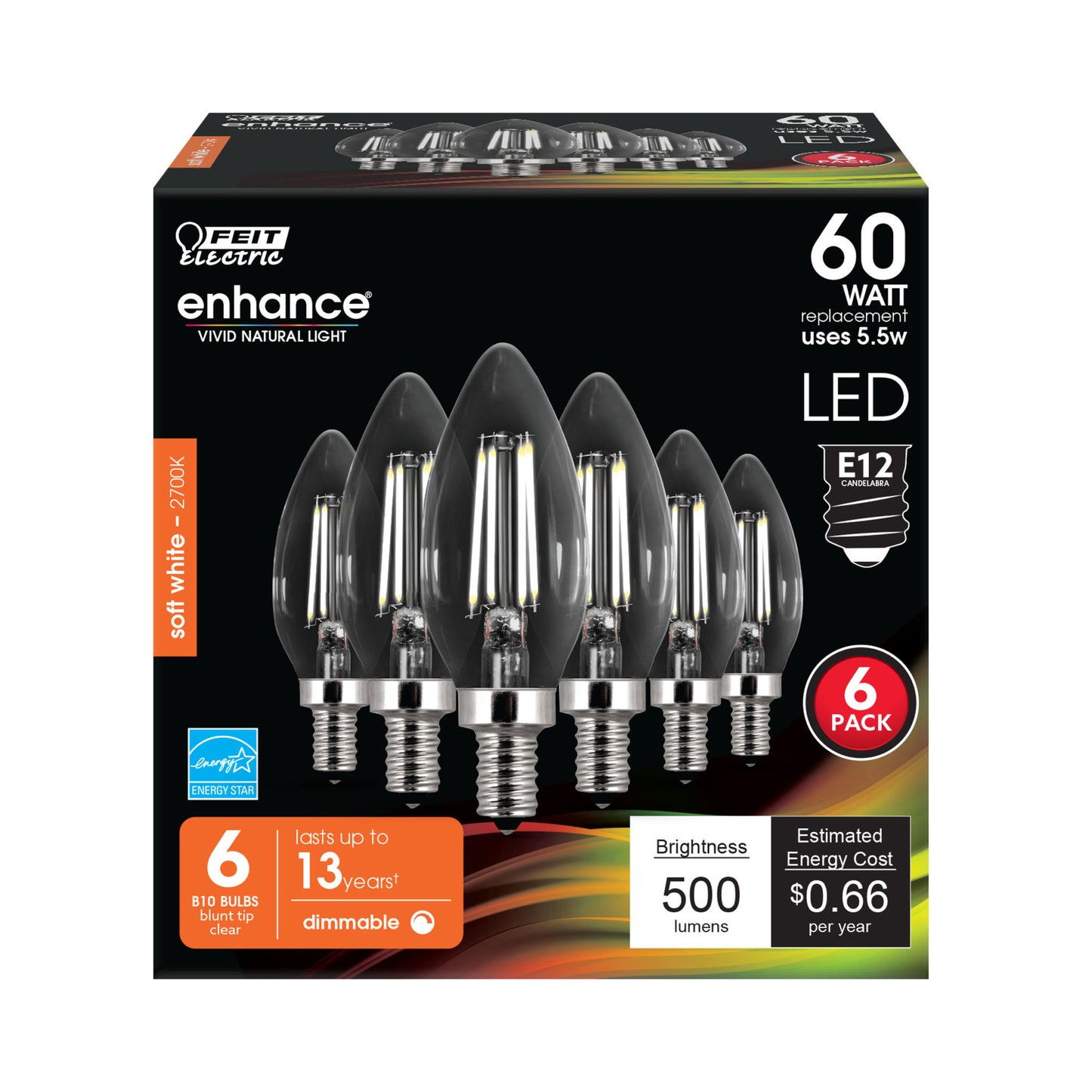 Feit CTC60/927CA/FIL/6 60W Equivalent 5.5W 500 Lumens 2700K Filament Blunt Tip Candelabra Base Dimmable LED Light Bulb 6 Pack