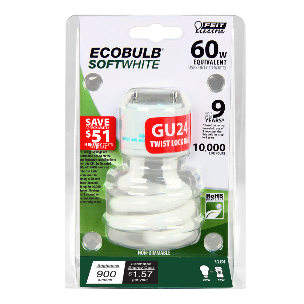 Feit Electric BPESL13T/GU24 13-Watt (60W) High Wattage Twist CFL Light Bulb.