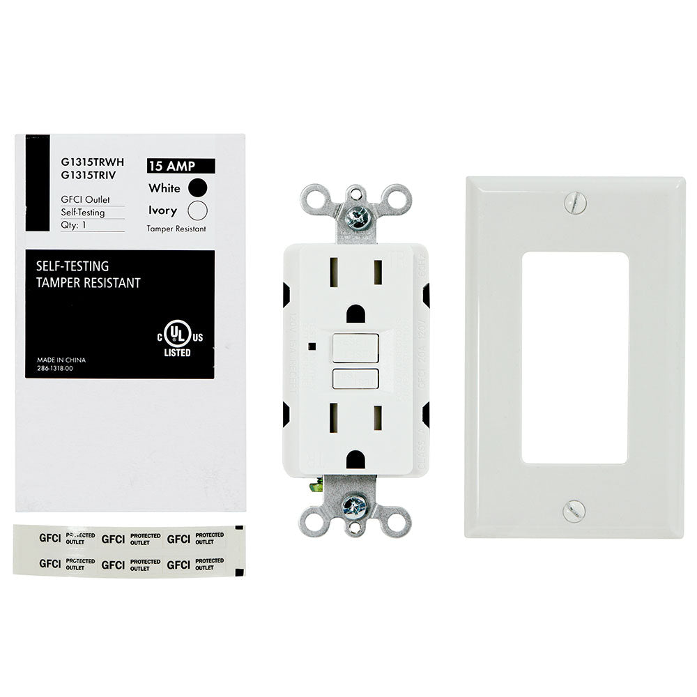 USI G1315TRWH 15 Amp Standard GFCI, Tamper Resistant Duplex Wall Outlet Receptacle