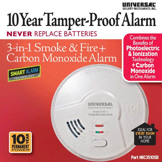 Universal Security Instruments MIC3510SB 3-in-1 Smoke, Fire and Carbon Monoxide Smart Alarm with 10 Year Sealed Battery