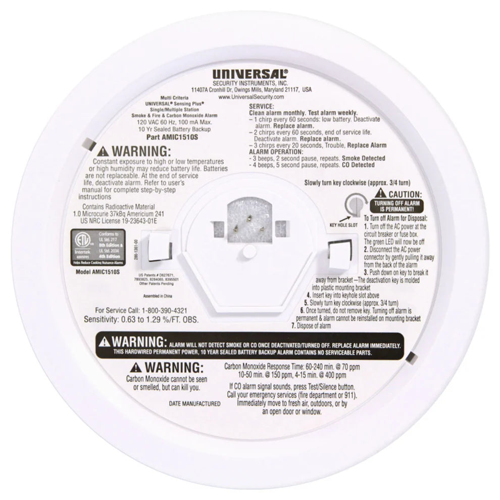 USI Sensing Plus® Multi-Criteria Hardwired Combo Smoke, Fire & Carbon Monoxide Alarm with 10-Year Battery Backup