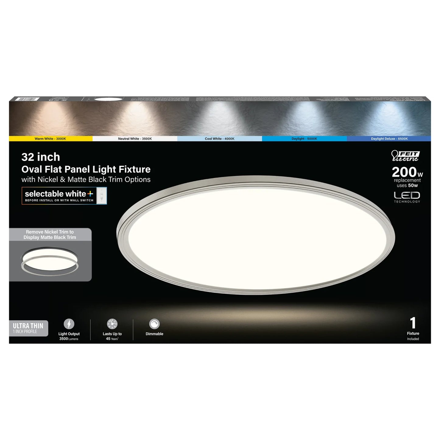 Feil FP32RT6WYBK 32 in. Color Selectable Oval White, Nickel and Matte Black Edge-lit Flat Panel Ceiling Light