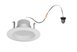 Sylvania 74286 4in LED recessed downlight kit replacing up to 50W incandescent R30. Medium base socket adaptor and integrated white trim included,Smooth reflector.
