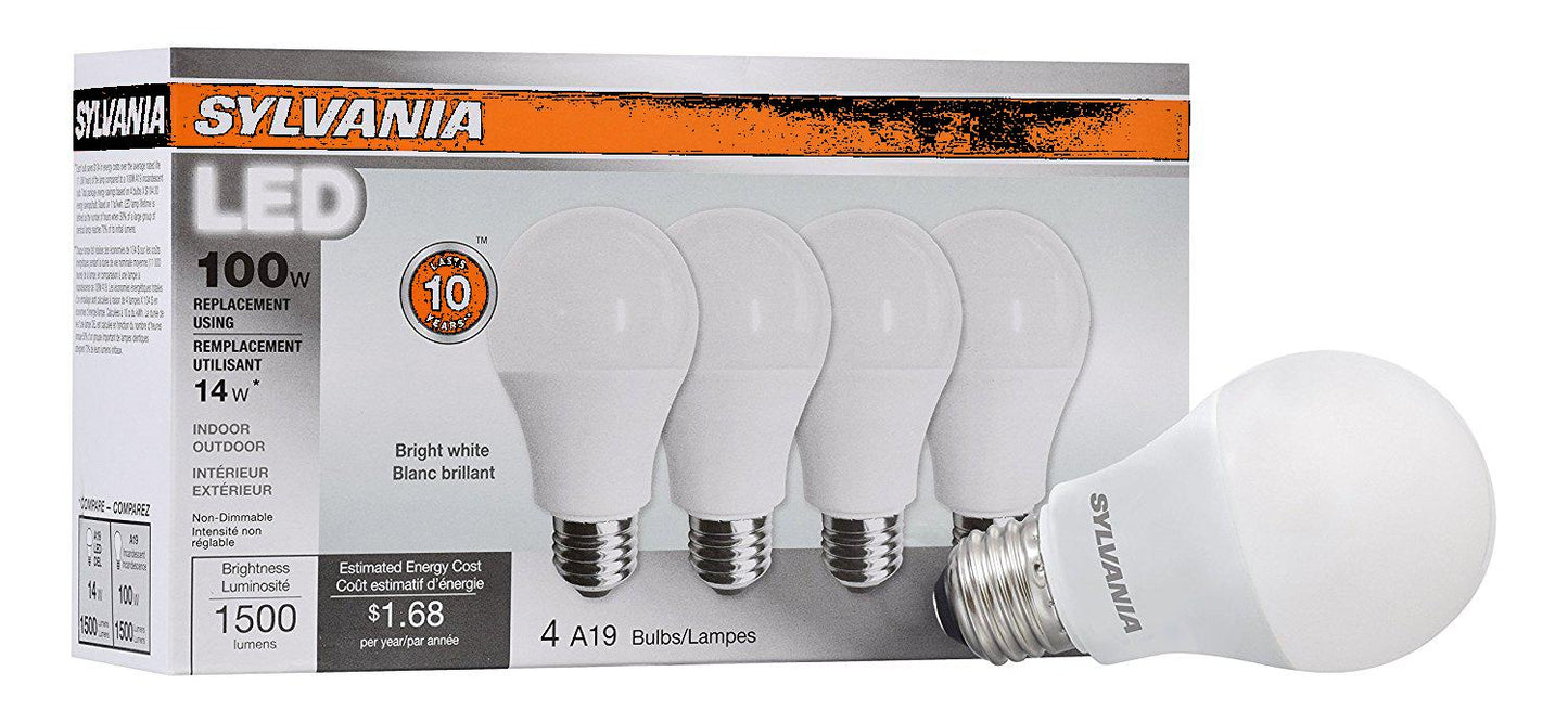 Sylvania Home Lighting 78102 A19 Sylvania, 100W Equivalent, LED Light Bulb Lamp, 4 Pack, Efficient 14W 3500K, Bright White.