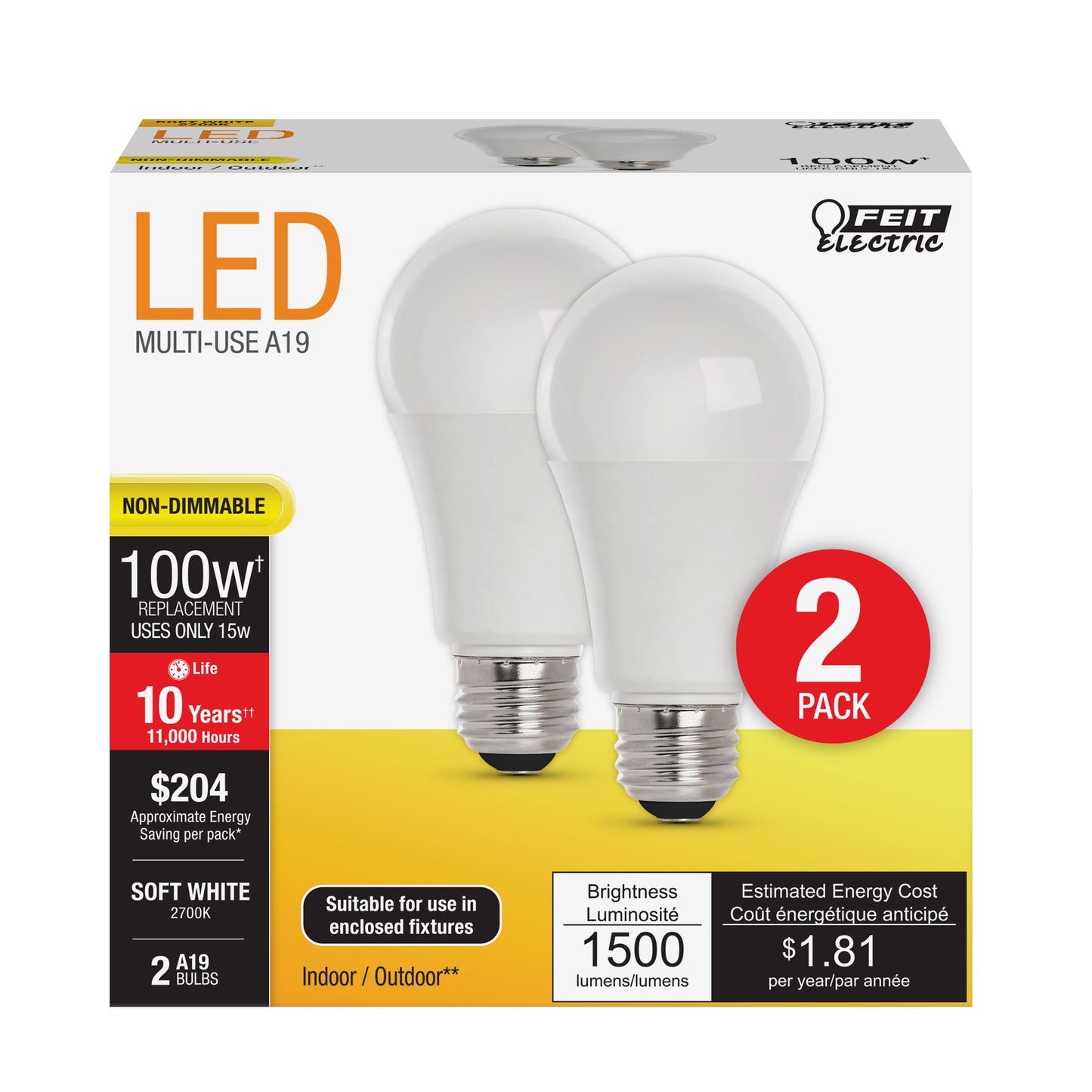 Feit Electric A1600/827/10KLED/2 100W equivalent 2-Pack A19 frosted LED Light Bulbs