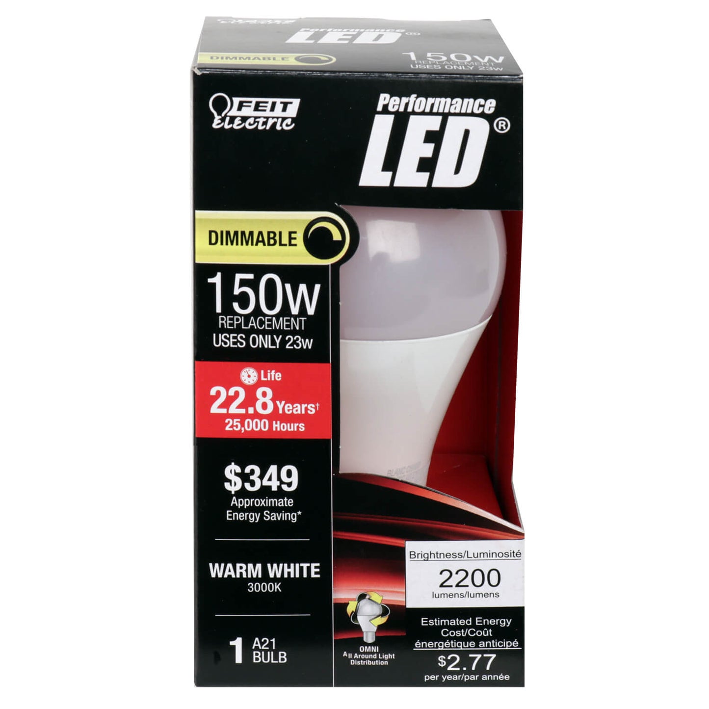 Feit Electric A/OM2200/830/LEDG2- High Lumen A21 LED 150W Equivalent Warm White Dimmable Light Bulb,