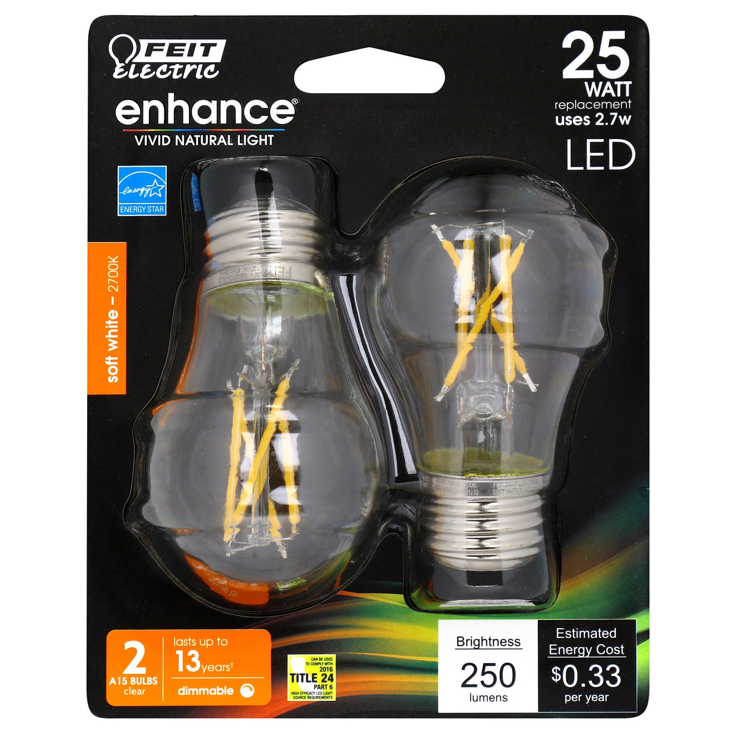 Feit BPA1525/927CA/FIL/2 25 Watt Equivalent A15 Clear Dimmable LED Light Bulb 2 Pack