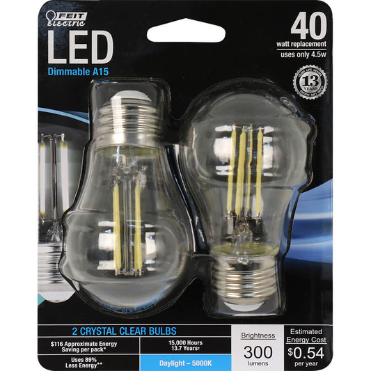Feit Electric BPA1540/850/LED/2 - Decorative Clear Glass Filament Led Dimmable 40W Equivalent Daylight 5000K Classic A15 Light Bulb, Pack of 2