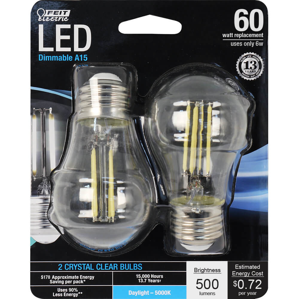 Feit Electric BPA1560/850/LED/2 60W Equivalent Clear A15 Dimmable LED Light Bulb, Daylight
