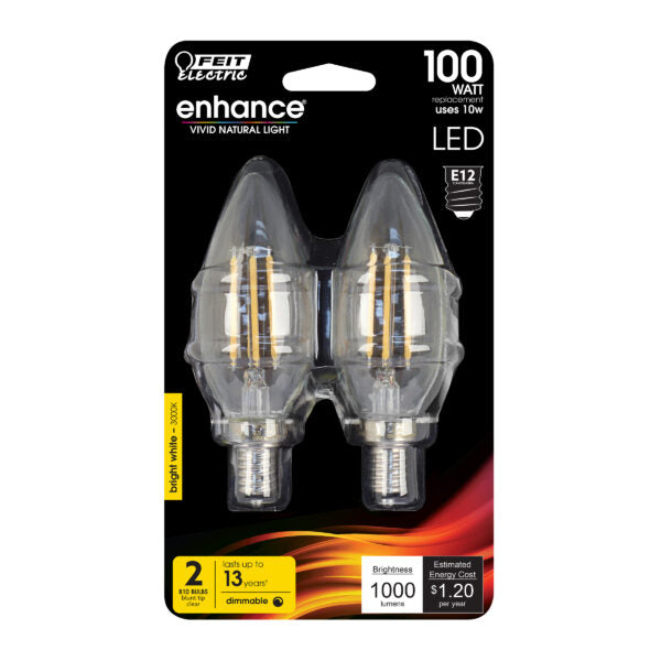 Feit Electric BPCTC100930CAFIL/2 100W Equivalent E12 Chandelier LED light bulbs; 2 pack