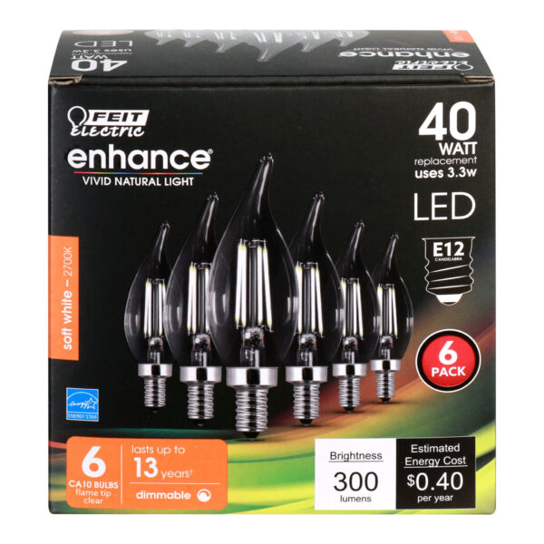 Feit CFC40/927CA/FIL/6 40W Equivalent 3.3W 300 Lumens 2700K Filament Flame Tip Candelabra Base Dimmable LED Light Bulb 6 Pack