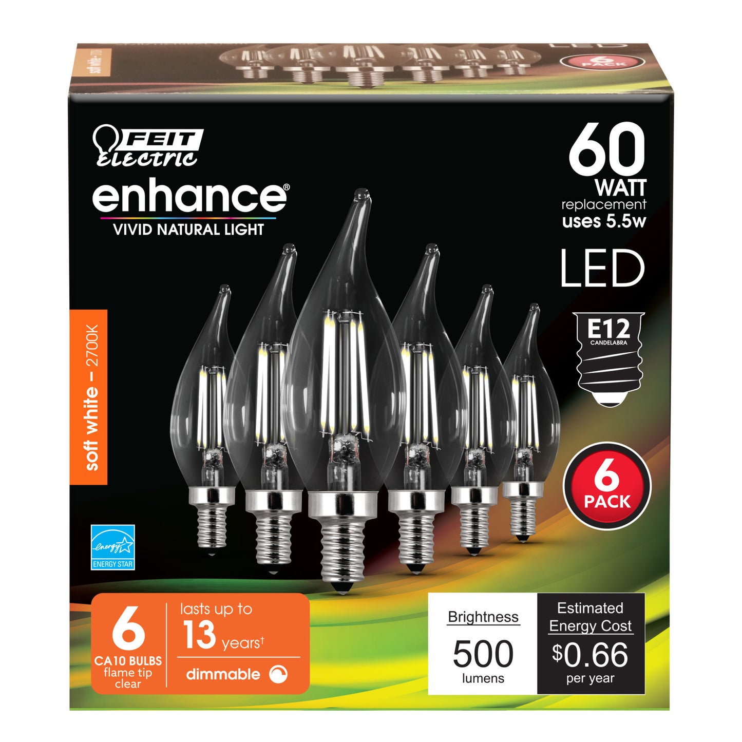 Feit Electric CFC60/927CA/FIL/6 60 W Equivalent Dimmable Candelabra Flame Tip Clear (6-Pack) LED Light Bulb