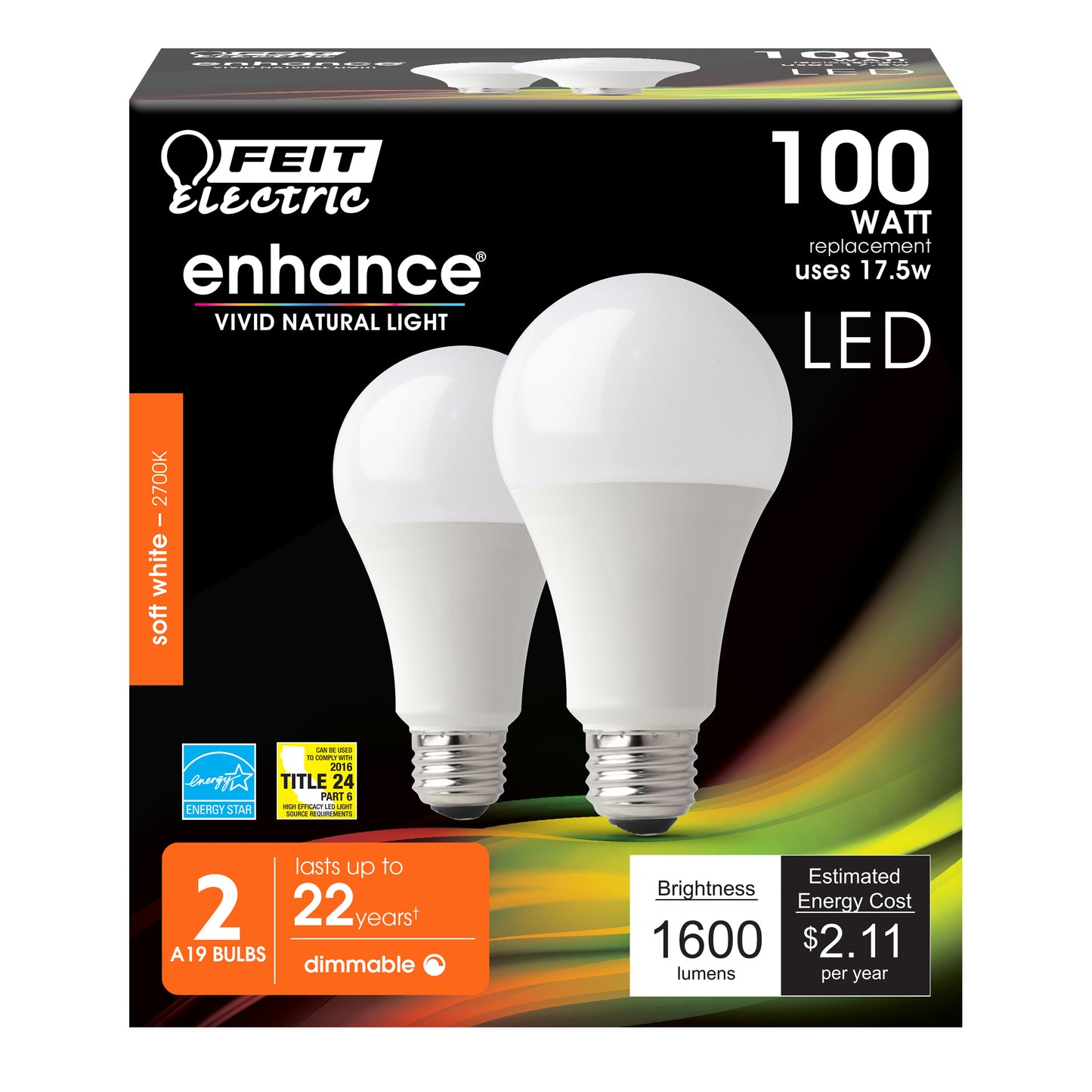 Feit Electric OM100DM/927CA/2 100W equivalent  A19 frosted LED Light Bulbs