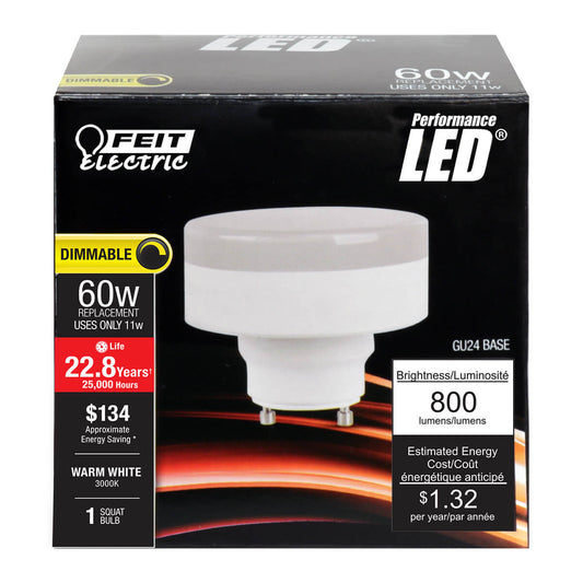 Feit Electric PU60/830/LED/GU24 11W 60W Equivalent Dimmable 800 Lumens LED Squat Light Bulb, 2.8"H x 2.95"D, 3000K (Warm White)