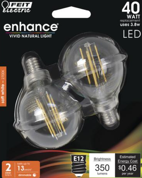 Feit Electric BPG1640927CAFIL/2/RP  3.8 watt G16-1/2 filament LED dimmable light bulb 2 pack