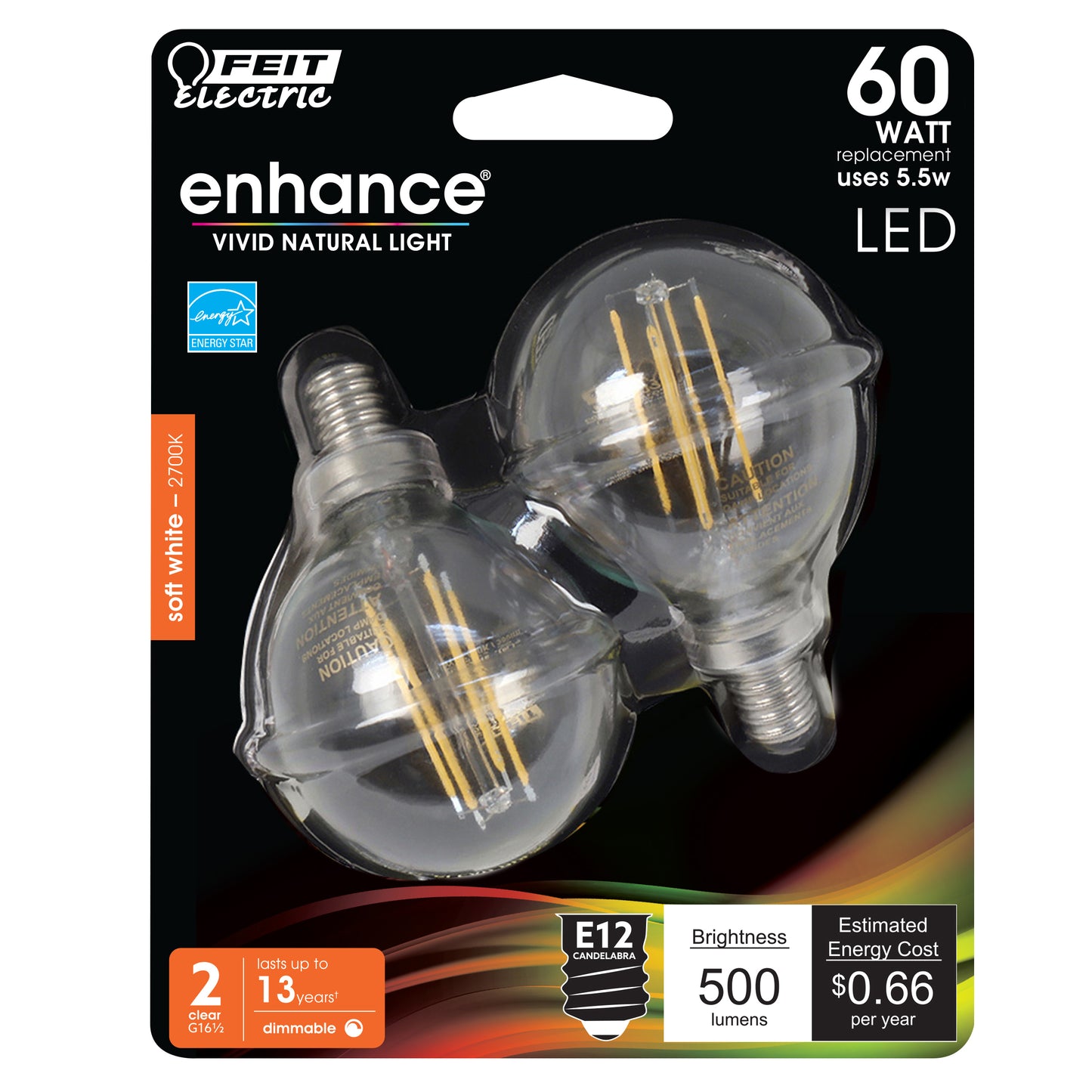 Feit Electric BPG1660927CAFIL/2/RP 5.5 watt G16-1/2 filament LED dimmable light bulb