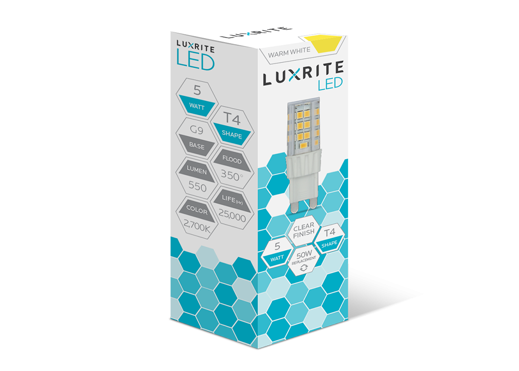 Luxrite LR24640 G9 LED Bulb, 50W Equivalent, 550 Lumens, 2700K Warm White, Dimmable, 5W T4 Bulb, G9 Base Mini Tube Bulb